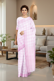 White Saree with Pink Checks and Border