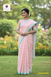 White and Pink Check Saree with Sea Green Border