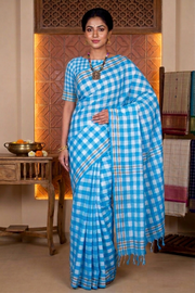 White and Blue Check Saree with Brown Border