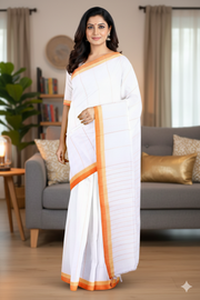White Saree with Yellow and Orange Linings and Border