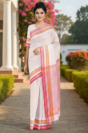 White and Orange Striped Saree with Red Border