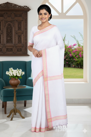 White Saree with Golden Zari Border and Magenta and Blue Checks