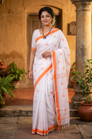 White Saree with Yellow and Orange Border and Butis