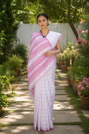White Saree with Pink Double Line Checks and Border