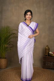 White Saree with Pink and Purple Linings and Border