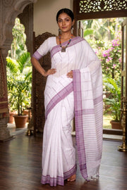 White Saree with Violet Linings and Border