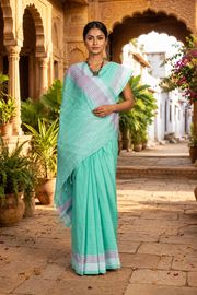 Green Saree with Magenta and White Border