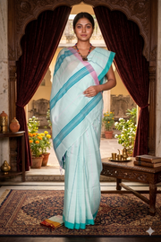 Light Cyan White Saree with Pink and Green Linings and Border