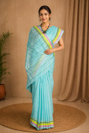 Cyan Saree with White, Green, Yellow and Pink Border