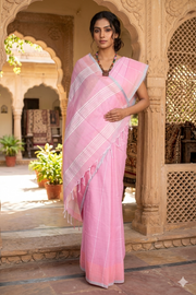 Pink Saree with White Linings and Red and Grey Border