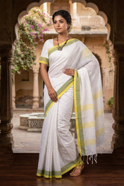 White Self Striped Saree with Green and Yellow Border