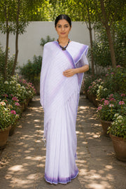 White Saree with Pink, Purple and Indigo Border and Linings