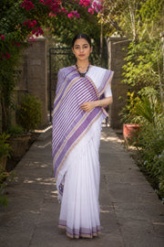 White Saree with Purple and Khakhi Border