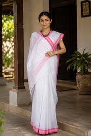 White Saree with Cerise Red and Melon Linings and Border