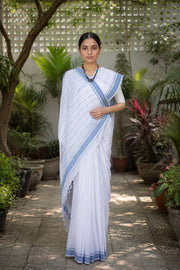 White Saree with Blue Border and Linings