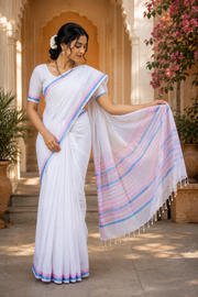 White Saree with Pink and Blue Border