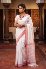 White Saree with Red Linings and Border