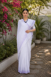 White Saree with Light Violet Border and Linings