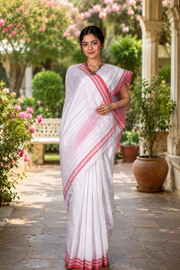 White Saree with Pink and Red Linings and Border