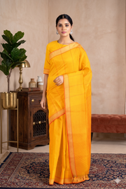 Mustard Yellow Saree with Orange Striped and Orange Border