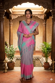 Periwinkle Purple Saree with Pink and Cyan Border