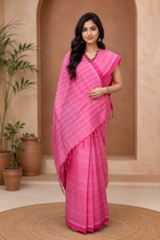 Pink Saree with White and Magenta Linings and Border