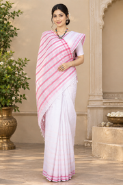 White Saree with Magenta and Cream Striped Border