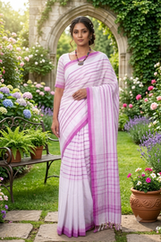 White Saree with Pink and Purple Stripes and Border