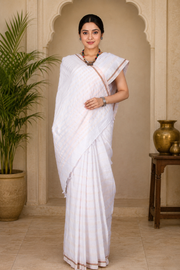 White Saree with Brown and Seashell Border and Stripes