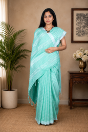 Aquamarine Green Saree with White Checks and Border