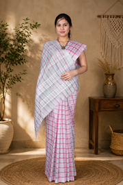 Green, Magenta and White Check Saree