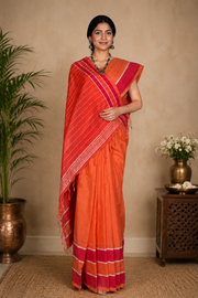 Orange Saree with White and Red Border