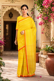Turmeric Yellow Saree with Orange, White Lining and Orange Border