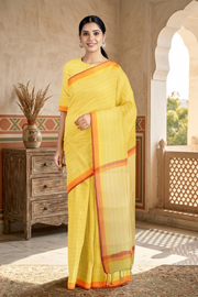 Yellow Saree with White Striped and Orange, Red Border