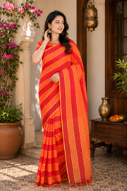 Red, Orange Saree with Yellow Lining and Border