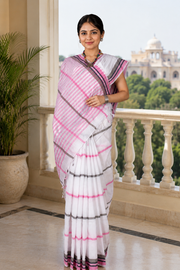White Saree with Blue, Pink and Grey Border and Stripes