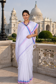 White Saree with Blue and Pink Border