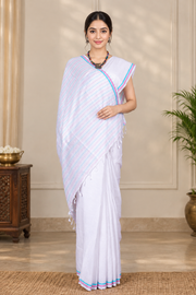 White Saree with Sky Blue and Pink Border