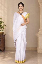 White Saree with Brown, Yellow and Orange Linings and Border