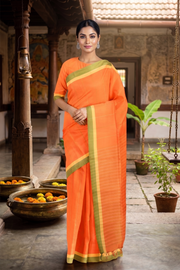Orange Saree with Green and Yellow Border and Linings