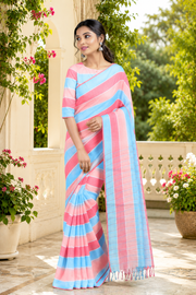Sky Blue, Carrot pink and Peach Saree with Carrot Pink Border