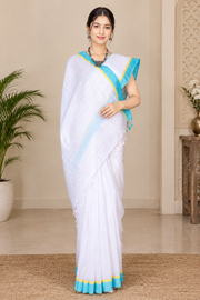 White Saree with Yellow and Blue Linings and Border