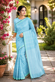 Pine Green Saree with White Check and Blue Border
