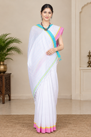 White Saree with Yellow, Pink and Blue Linings and Border