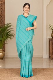 Green Saree with Double Line Blue Checks and Border