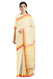 Cream Saree with White, Yellow Striped and Red Border