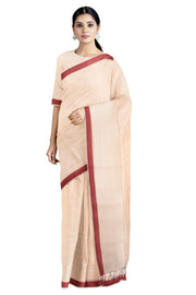 Self Striped Off White Saree with Dark Red Border