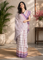 White Semi Hand Spun Hand Woven Saree with Red and Purple Checks and Border