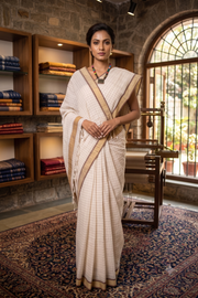 Cosmic Latte White Saree with Brown and Beige Linings, Checks and Border
