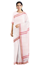 White Semi Hand Spun Hand Woven Saree with Beige and Magenta Checks and Border
